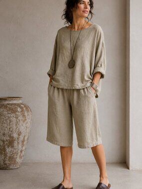 Eskandar Neiman Marcus 100% Linen Cropped Pull-On Pants Olive Beige